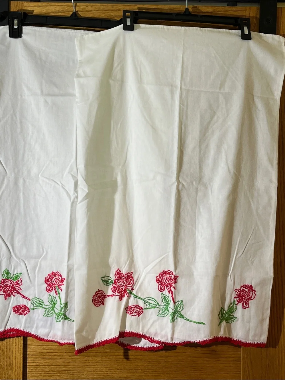 White Cotton Pillowcase Pair with Red Rose Embroidery